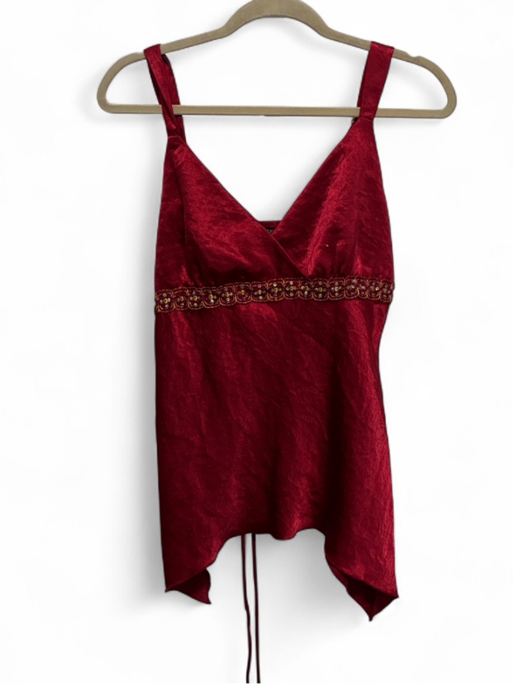 Y2K Anxiety Red V-Neck Embellished Satin Tie Back Tank Top
